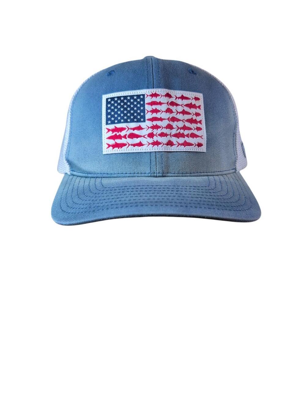 Columbia PFG Fish Flag Baseball Cap Faded Blue  Mesh Back Patriotic Embroidered